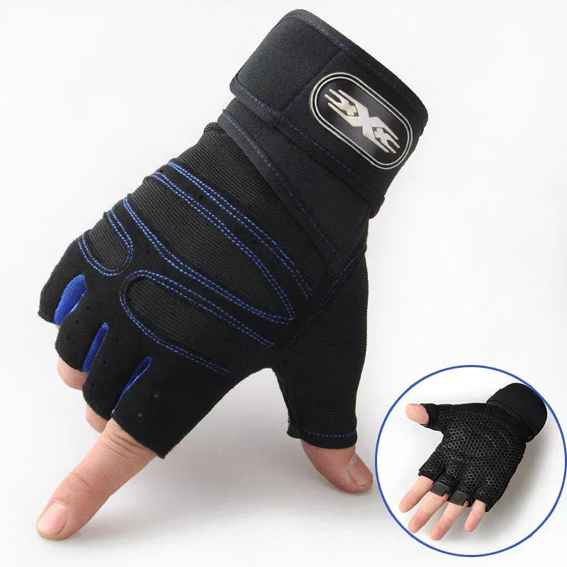 Fingerlose Fitnesshandschuhe mit Handgelenkstütze in Schwarz und Blau