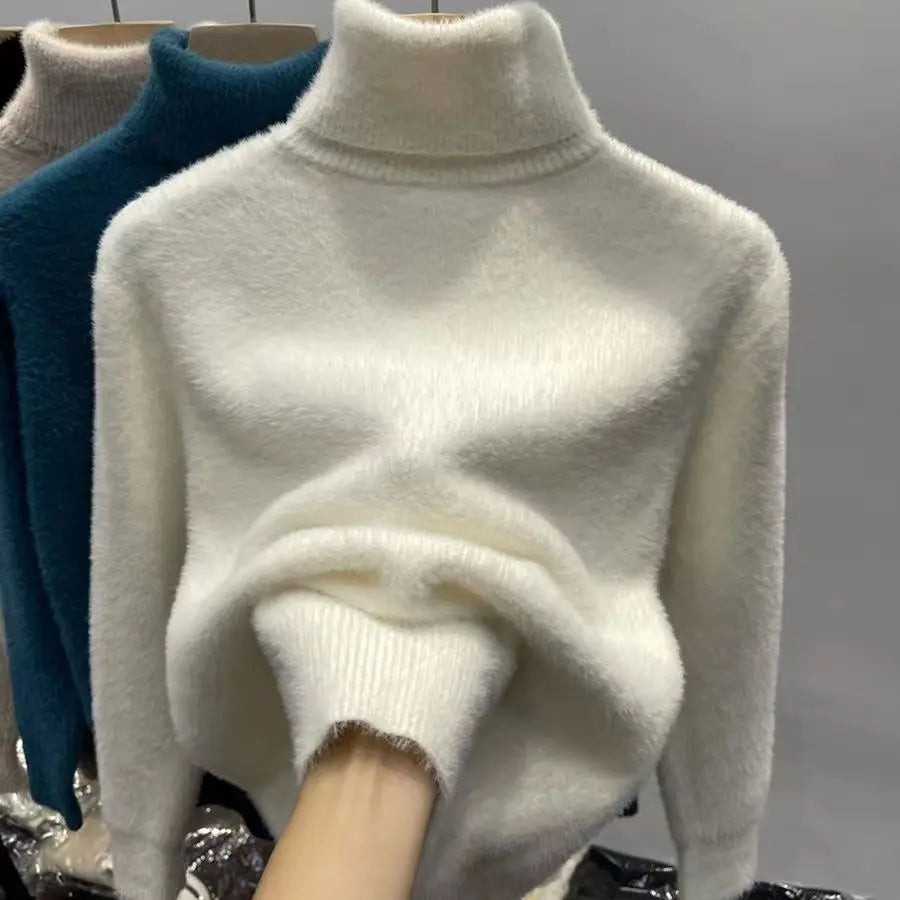 Pull col roulé doux et chaud en tissu effet peluche pour femme