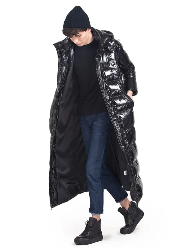 Men's long shiny black hooded puffer coat