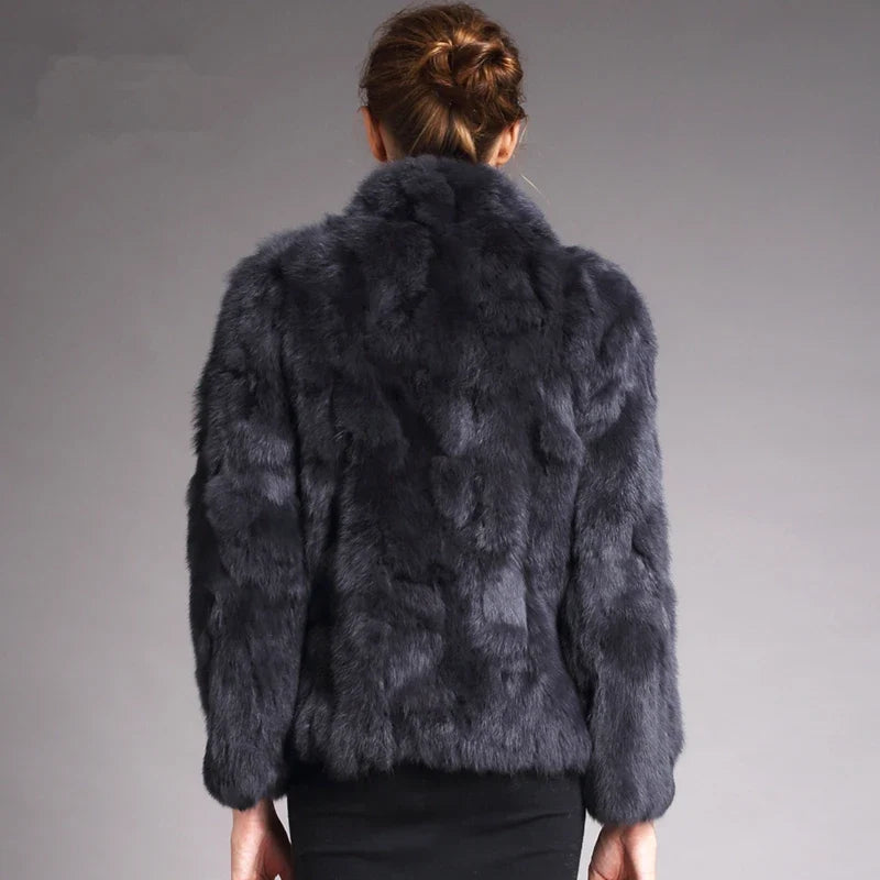 Veste courte femme en fourrure synthétique élégante, col montant, manches longues