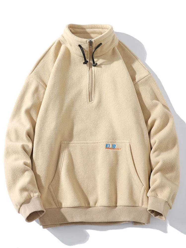 Afslappet beige fleecejakke til mænd med lynlås og høj hals