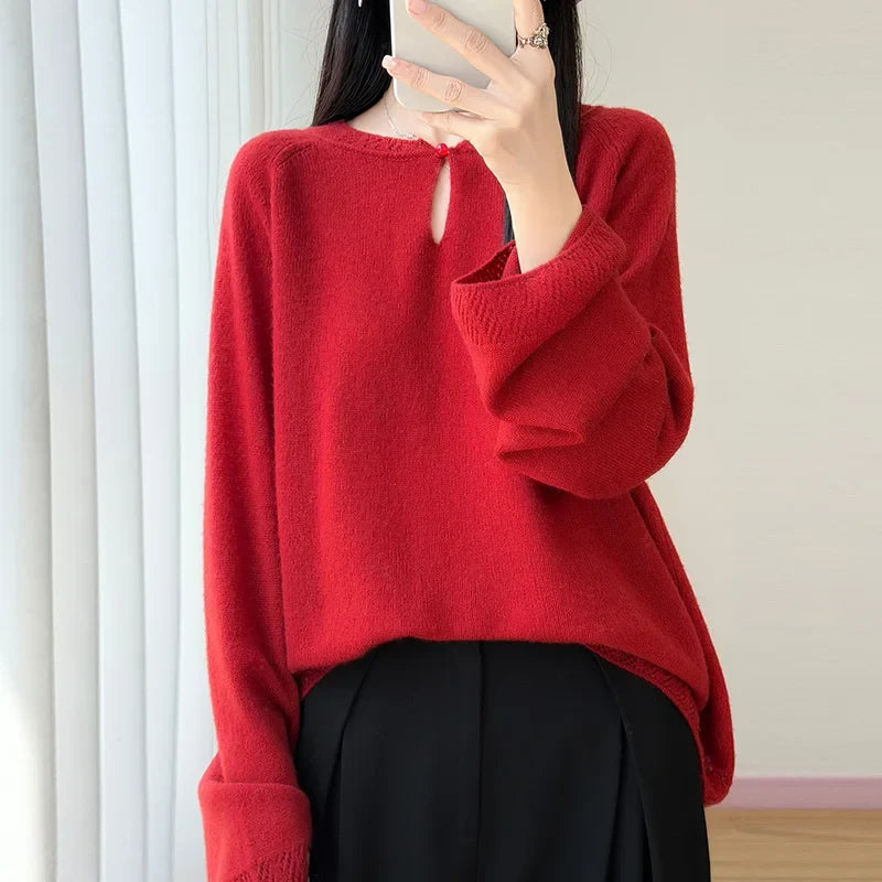 Pull en maille doux pour femme Col rond Manches longues Rose clair