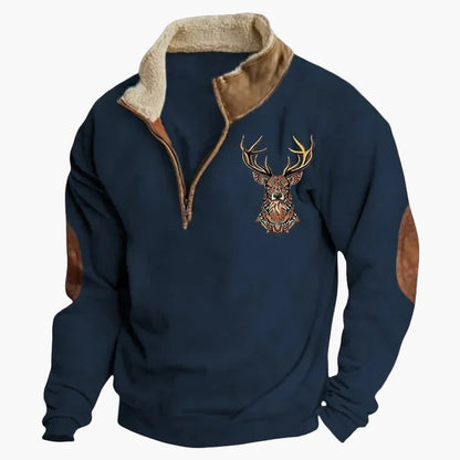 Sweat-shirt polaire homme style western à col zippé – Motifs ethniques et bisons