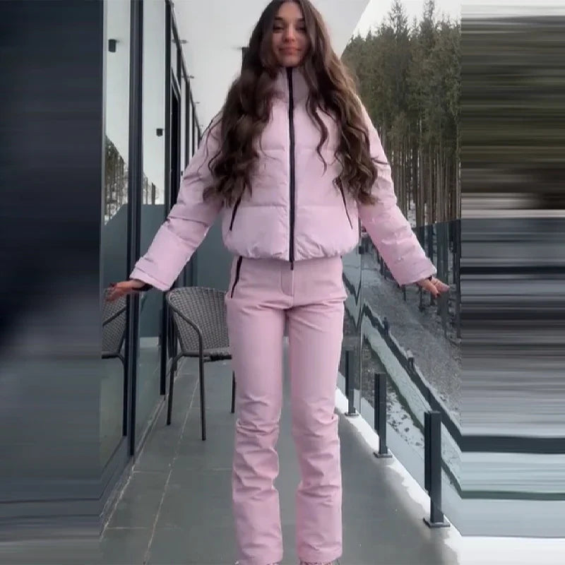 Women's pink ski suit - cropped puffer jacket and slim pants with zippers
