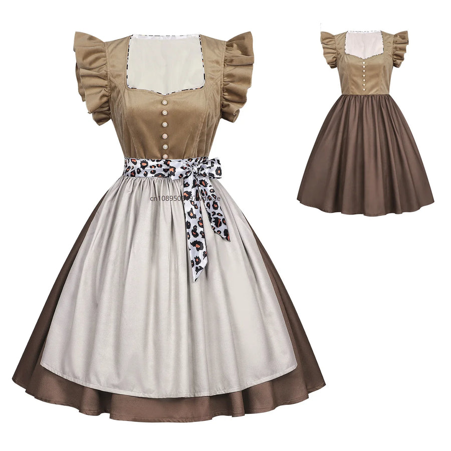Abito dirndl tradizionale beige e marrone con grembiule leopardato da donna