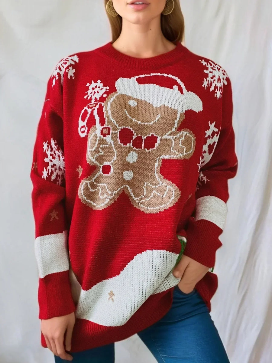 Women's knitted Christmas sweater with gingerbread man and snowflake designs