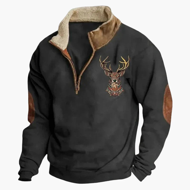 Sweat-shirt polaire homme style western à col zippé – Motifs ethniques et bisons