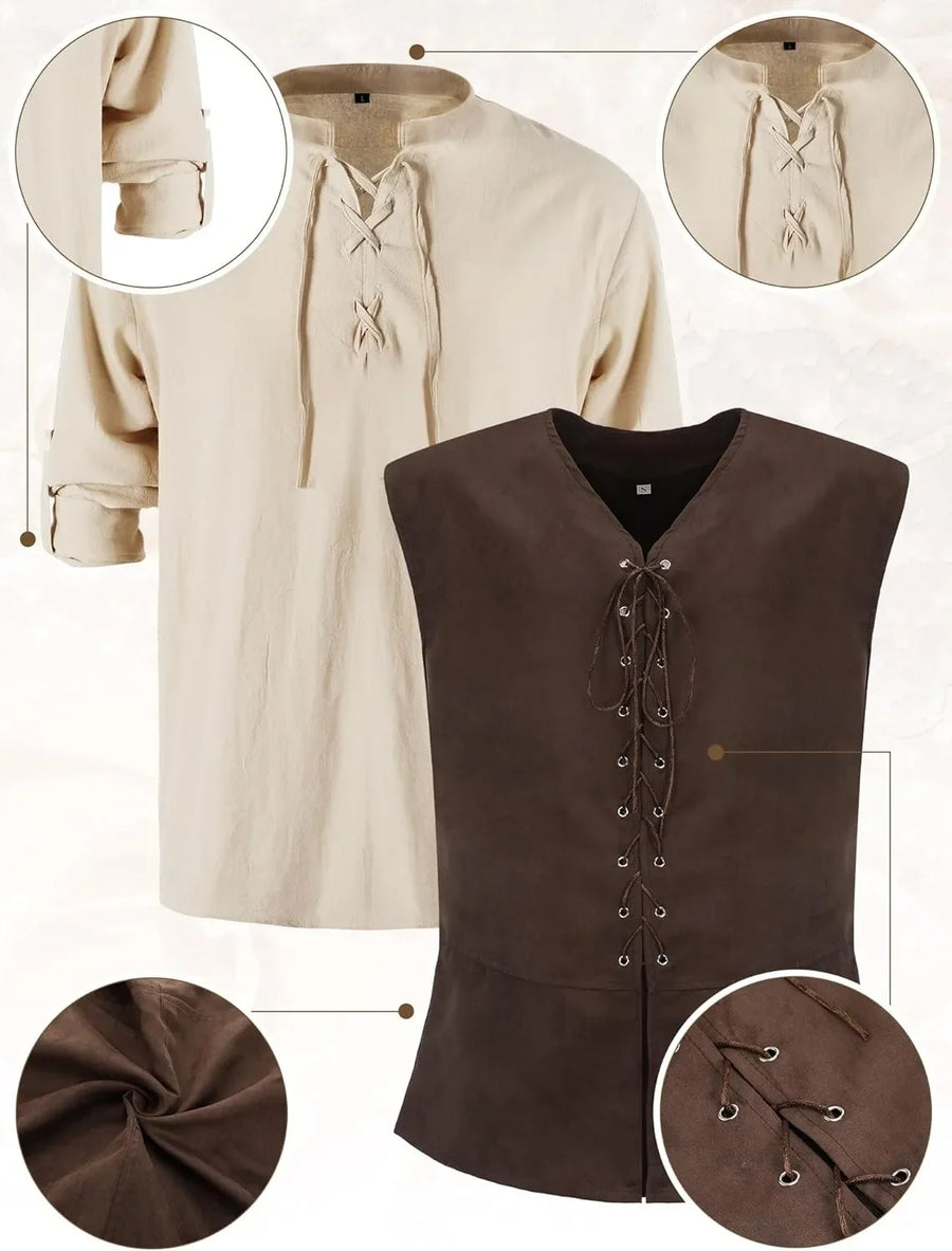 Costume medievale completo da uomo: giacca stringata, camicia, pantaloni, cintura e bracciale da polso