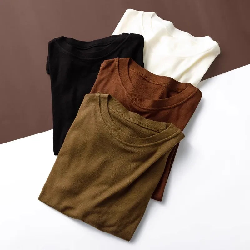 Camiseta lisa de manga larga para mujer con cuello redondo o vuelto