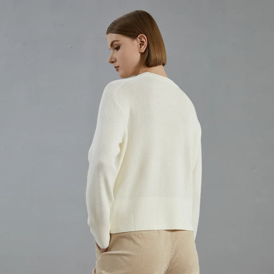 Gerippter Damenpullover mit Rundhalsausschnitt - Cremeweiß, Anthrazitgrau, Beige - Legere Passform