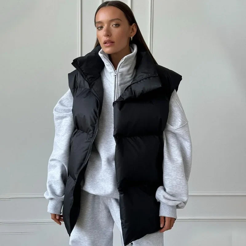 Gilet piumino da donna senza maniche, imbottito, con collo alto, grigio