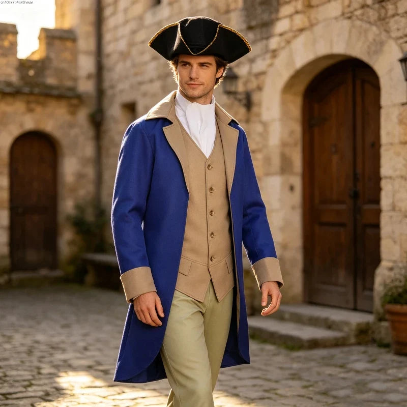 Historisches Herren­kostüm in Blau und Beige mit Dreispitz und Weste