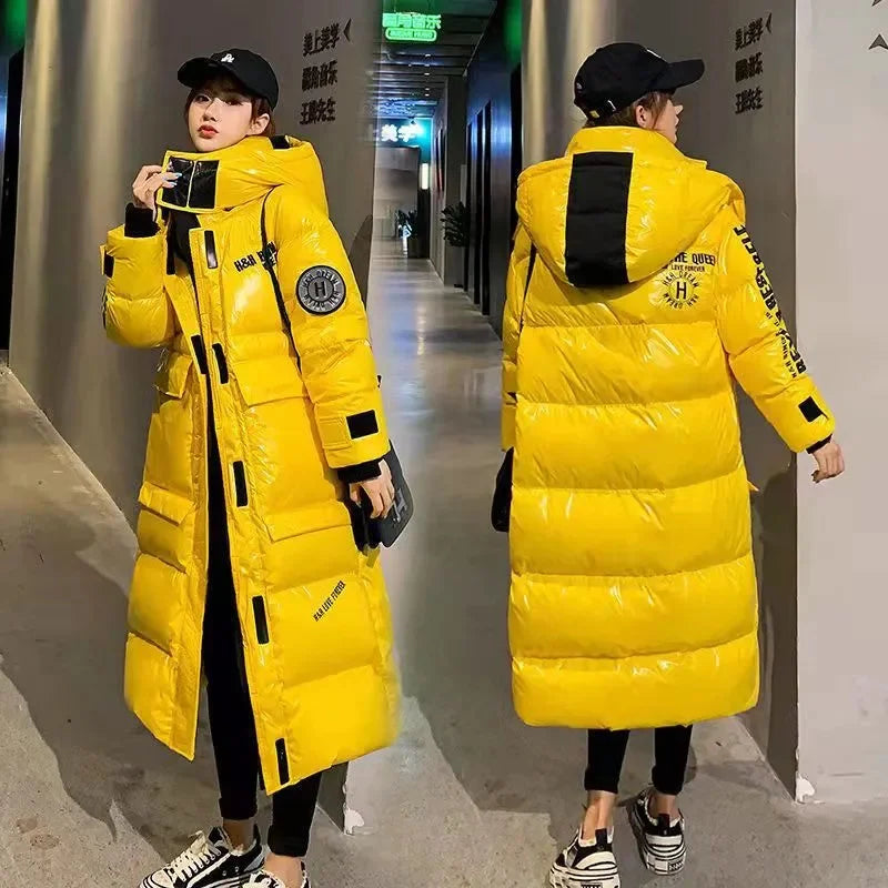 Doudoune longue brillante à capuche pour femme, coloris varié