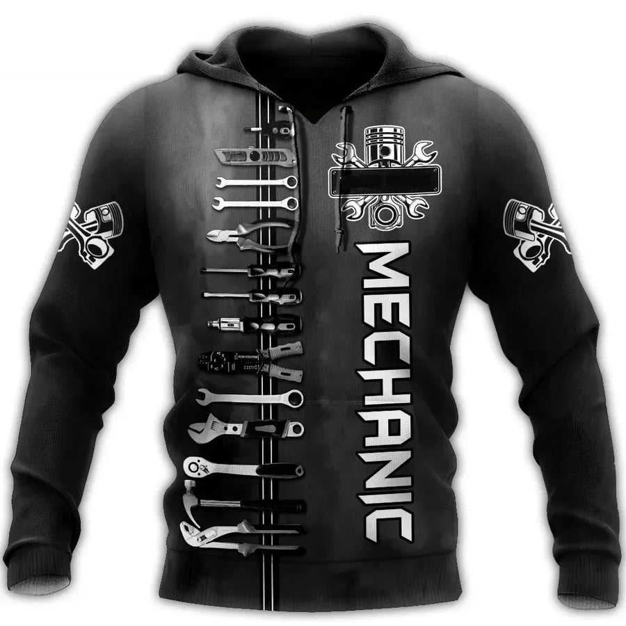 Sweat à Capuche Homme Imprimé Mécanicien Moteur Engrenages Outils
