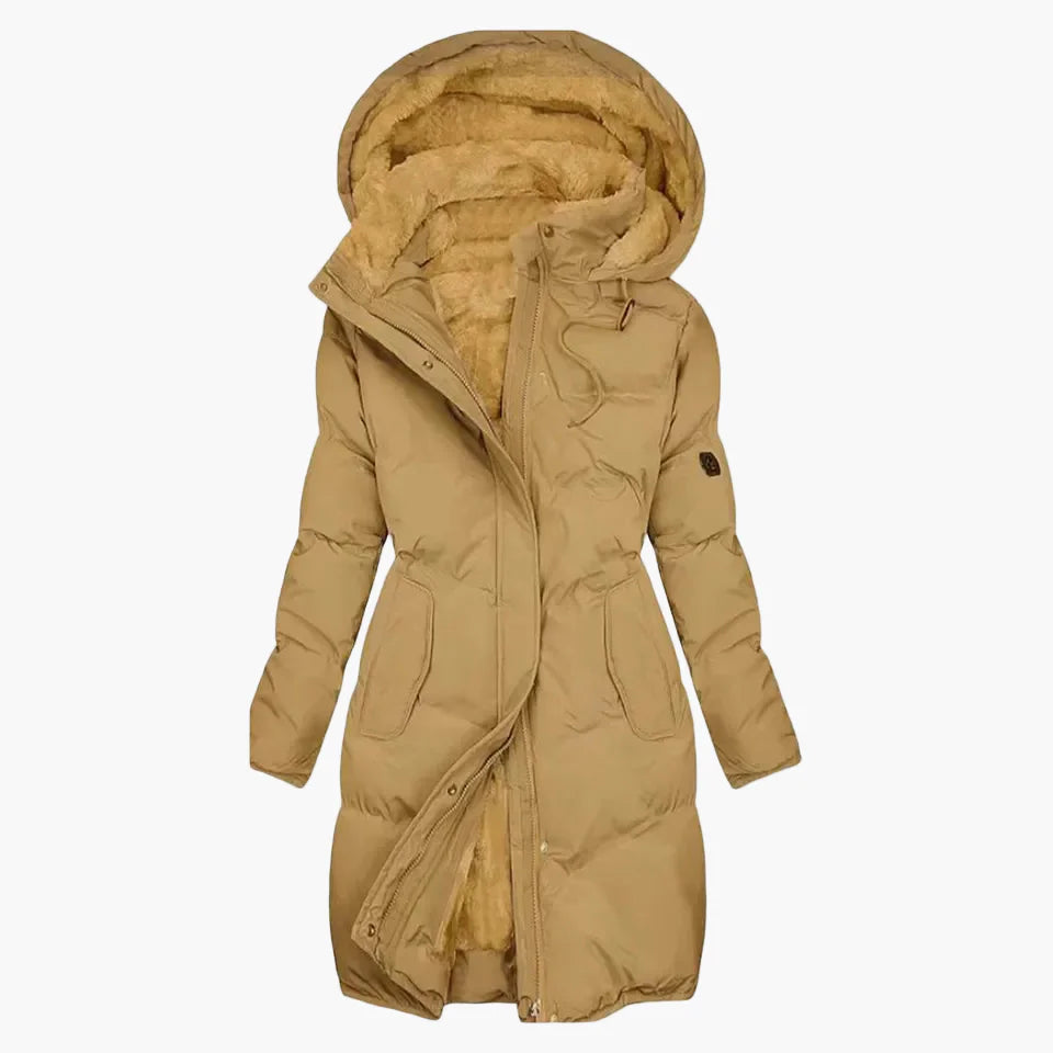 Lang vinterfrakke med hætte til kvinder, elegant og varm stil, ideel til vinteren