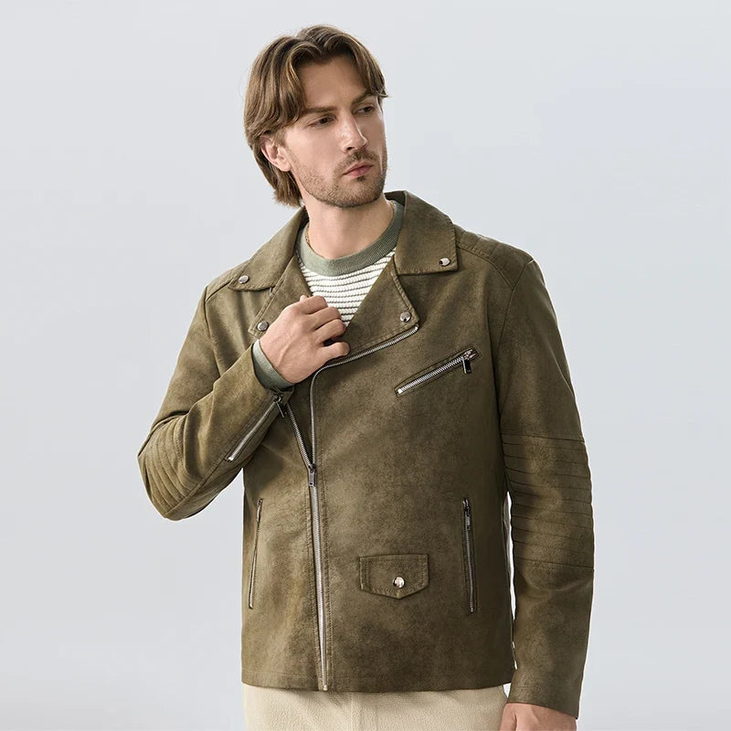 Herren-Motorradjacke mit asymmetrischem Schnitt und Reverskragen, verwaschenes Braun