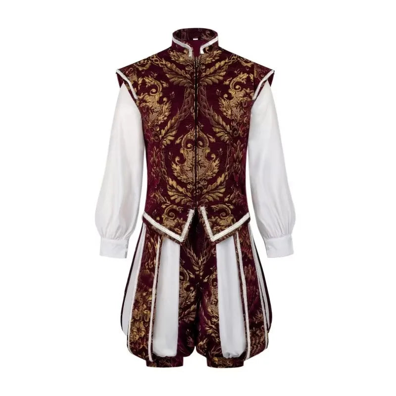 Costume storico da uomo bordeaux e oro con motivo broccato, gilet senza maniche, calzoni e basco