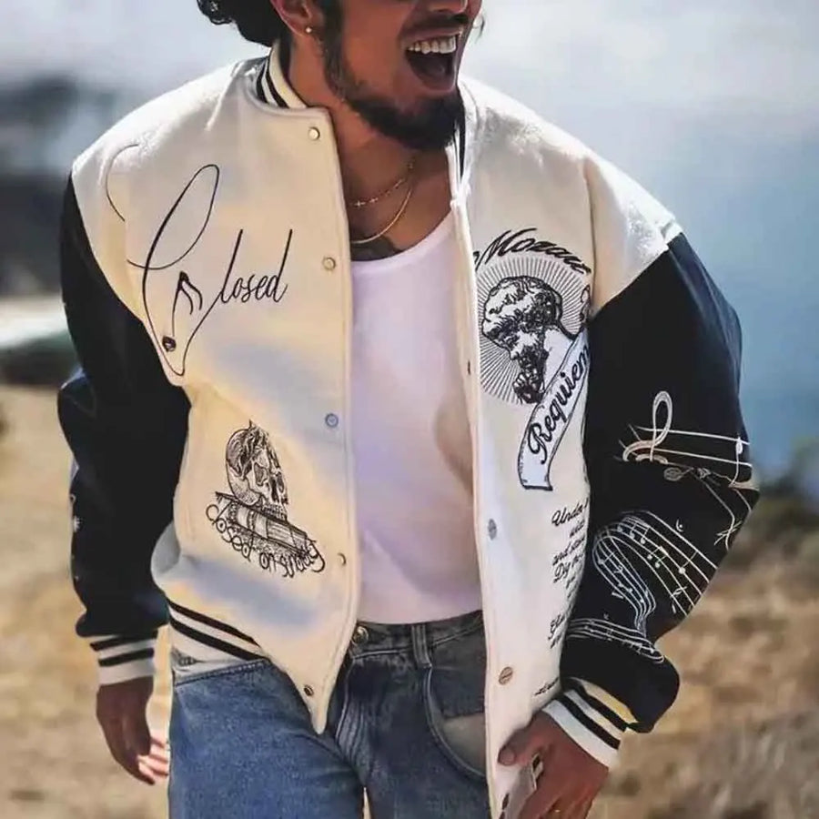 Men's two-tone bomber jacket with assorted prints and contrasting sleeves