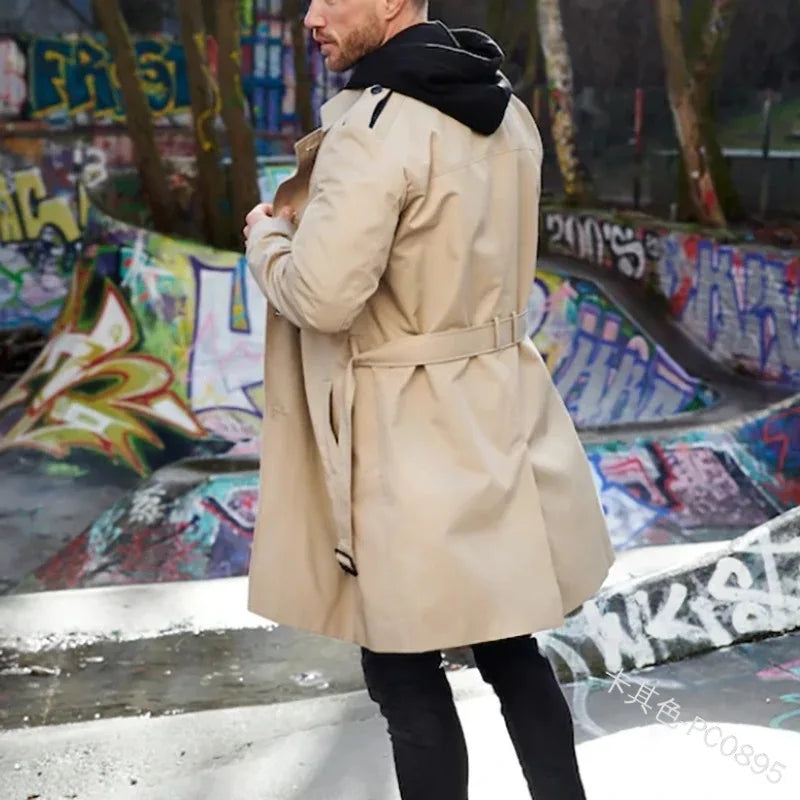 Trench-coat lungo da uomo doppiopetto con cintura beige