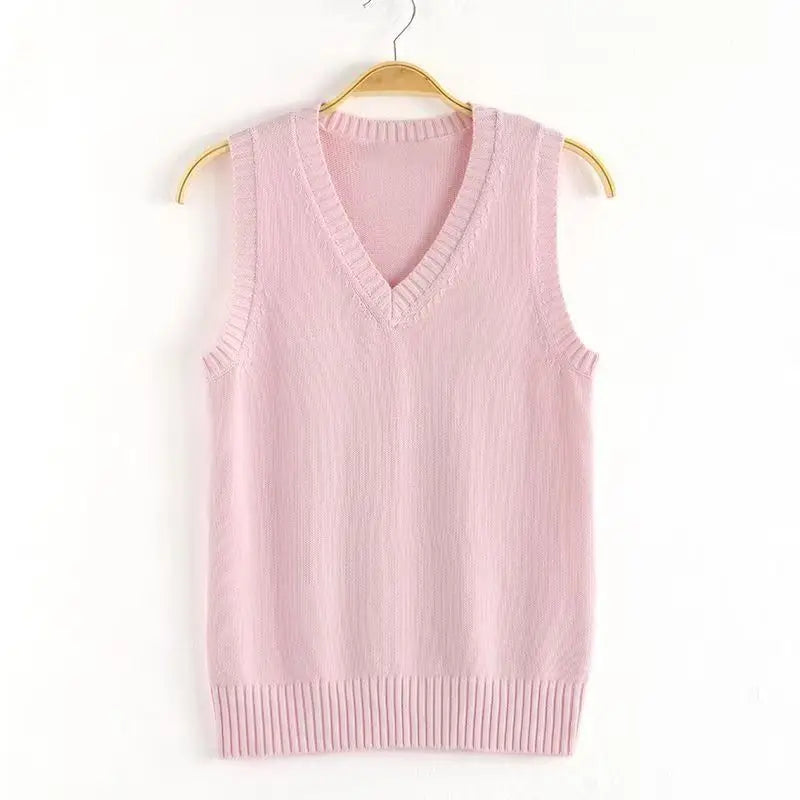 Gilet Pull Tricoté sans Manches Col V Couleur Unie