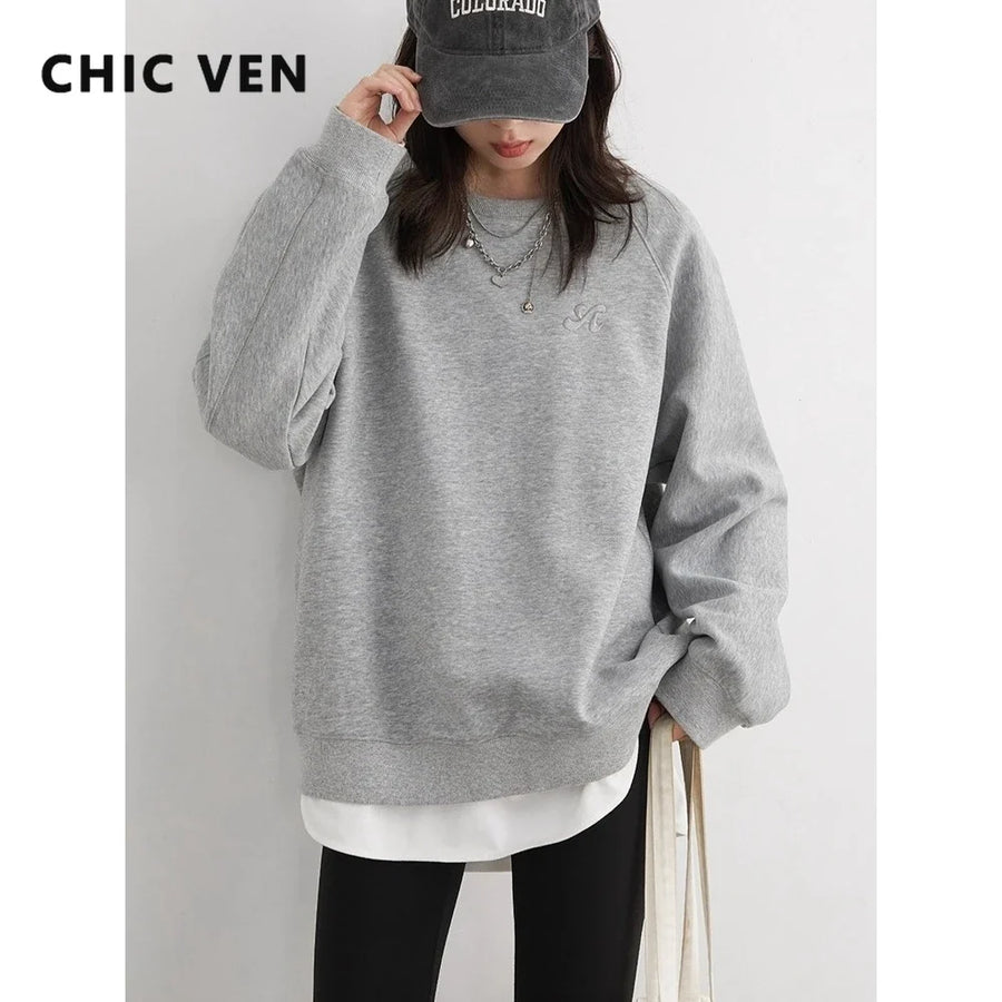 Sweatshirt Femme Col Rond Bleu Clair Manches Longues Brodées