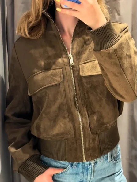 Blouson Bomber Femme Courte Effet Daim Kaki avec Fermeture Éclair et Poches