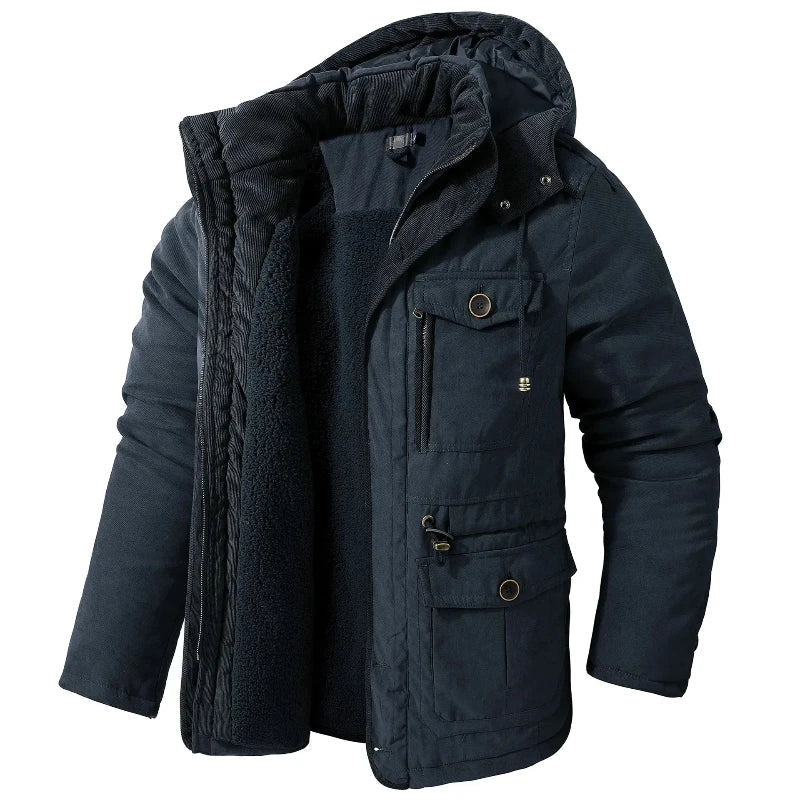 Vadderad herrparka med huva, mjukt foder i beige och khaki samt flera fickor