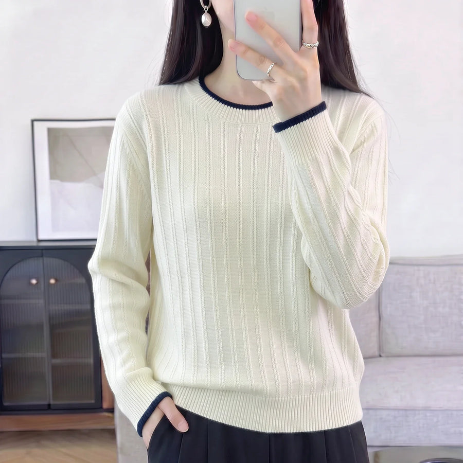 Pull en maille côtelée pour femme, col rond, manches longues, finitions contrastées