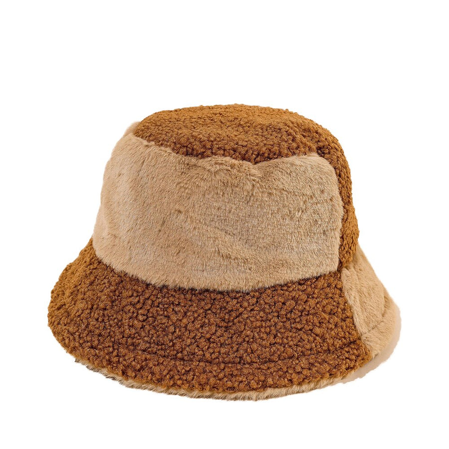 Soft Two-Tone Plush-Style Bucket Hat, Brown and Beige