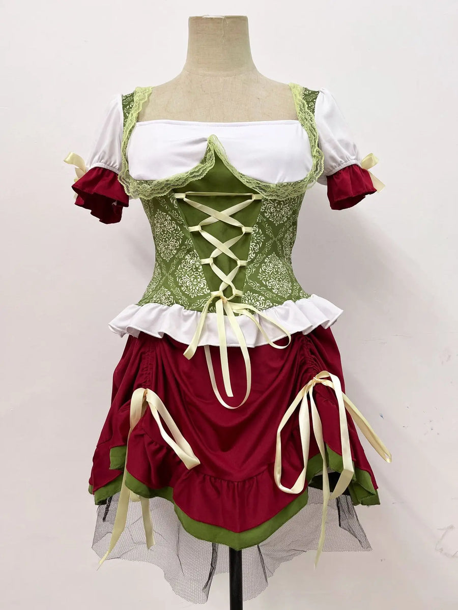 Déguisement Dirndl Femme Rouge Vert Blanc avec Jupe Courte Corset et Chapeau