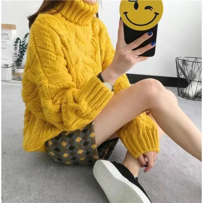 Women's Thick Cable-Knit Turtleneck Sweater in Yellow