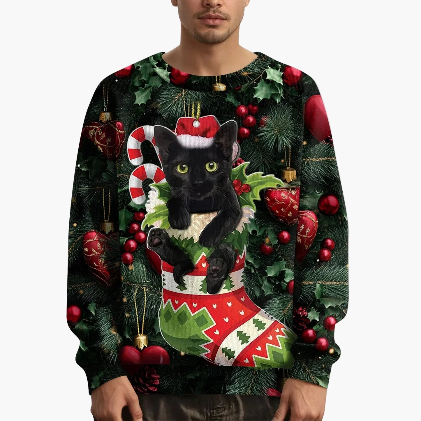 Felpa di Natale uomo con motivo gatto e maglione lavorato a maglia – Stile festivo e originale