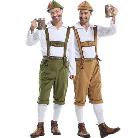 Bayerisches Herren-Kostüm mit Lederhose, Hosenträgern und Hut, einfarbig