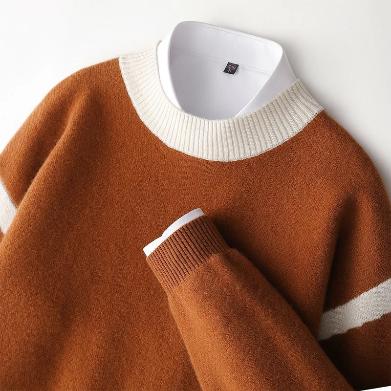 Maglione da uomo a collo alto, marrone, a righe bianche, maniche lunghe