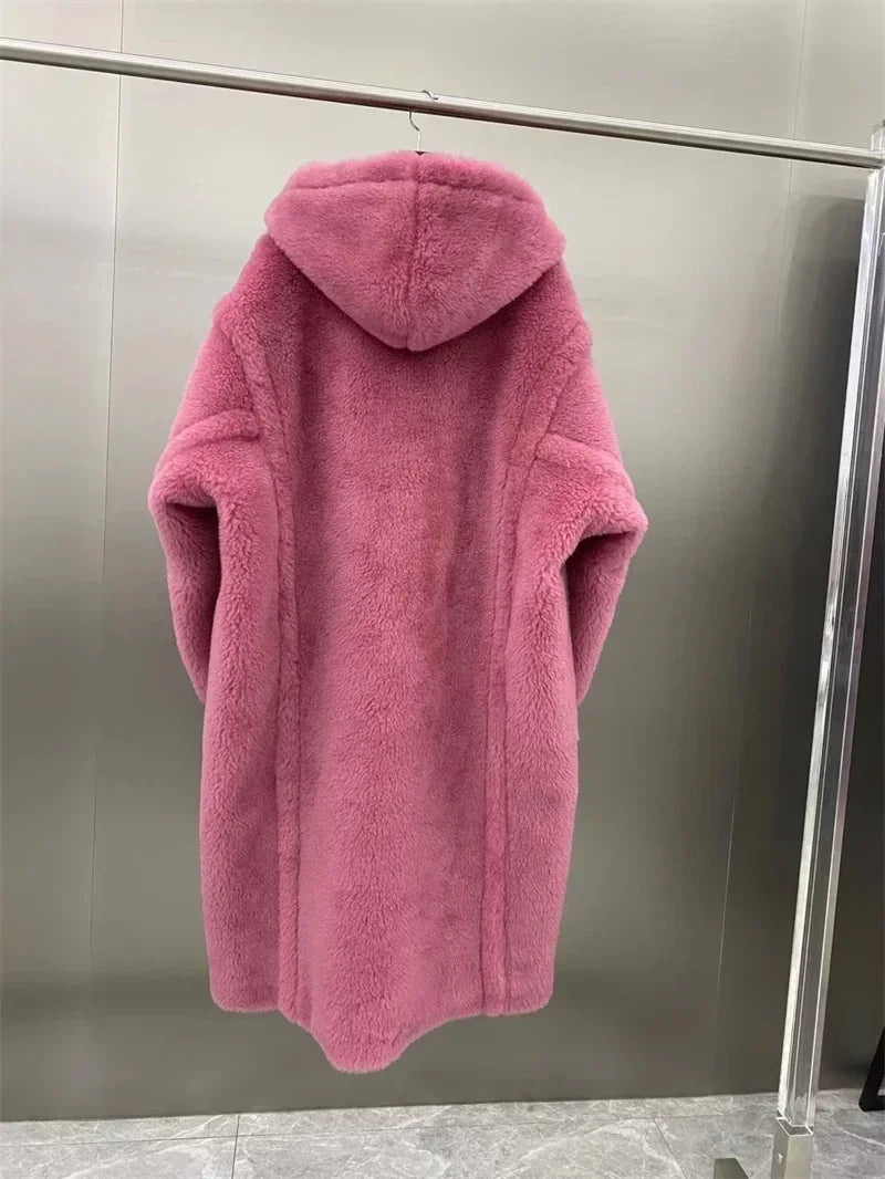Manteau long femme doux à capuche style Teddy avec moufles assorties