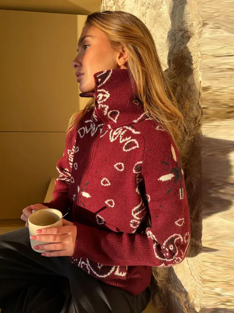 Women's Bandana-Print Zip-Up Jacket with a Stand Collar