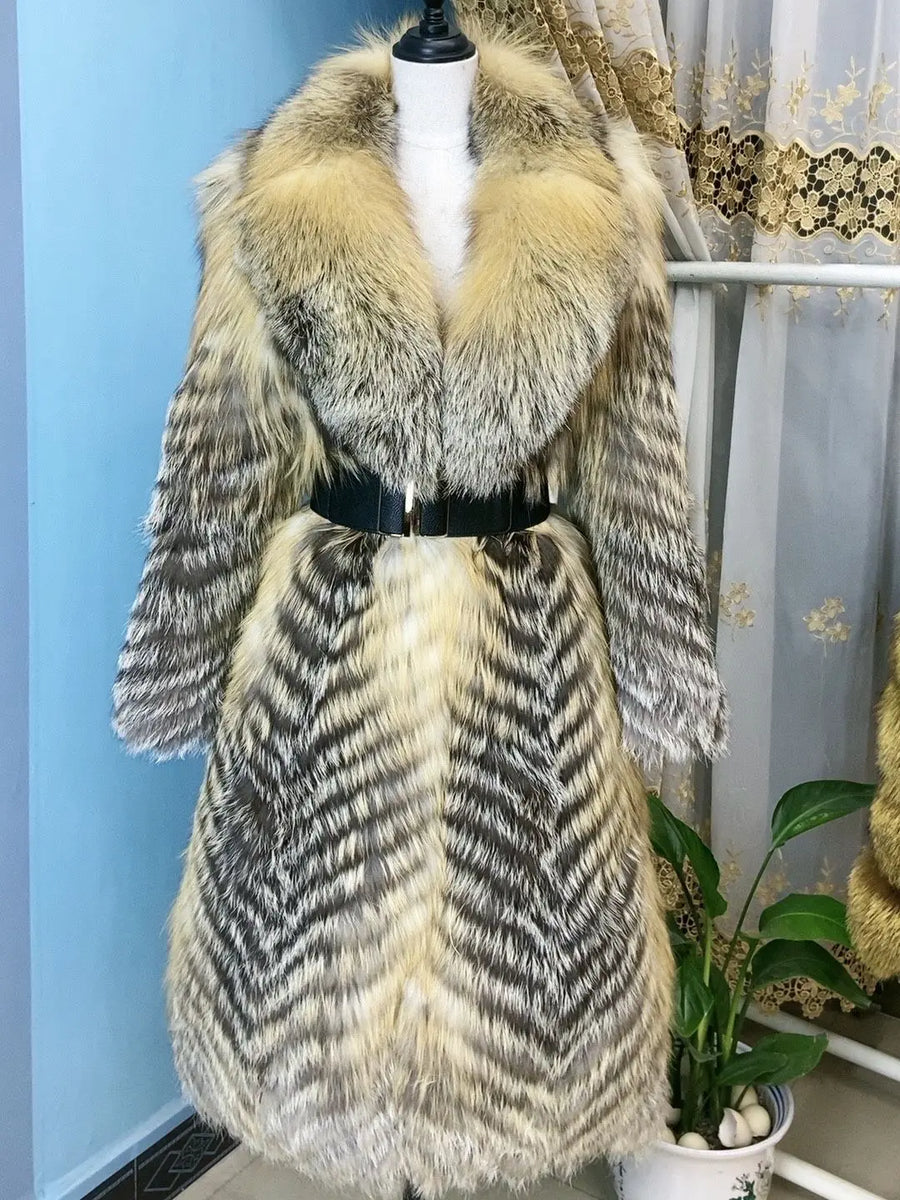 Manteau long pour femme en fausse fourrure à motif chevrons et col large