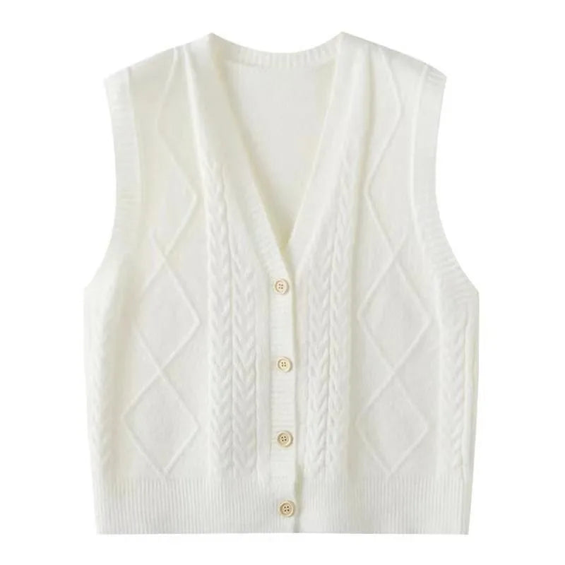 Gilet smanicato da donna in maglia lavorata a punto rasato con scollo a V e bottoni