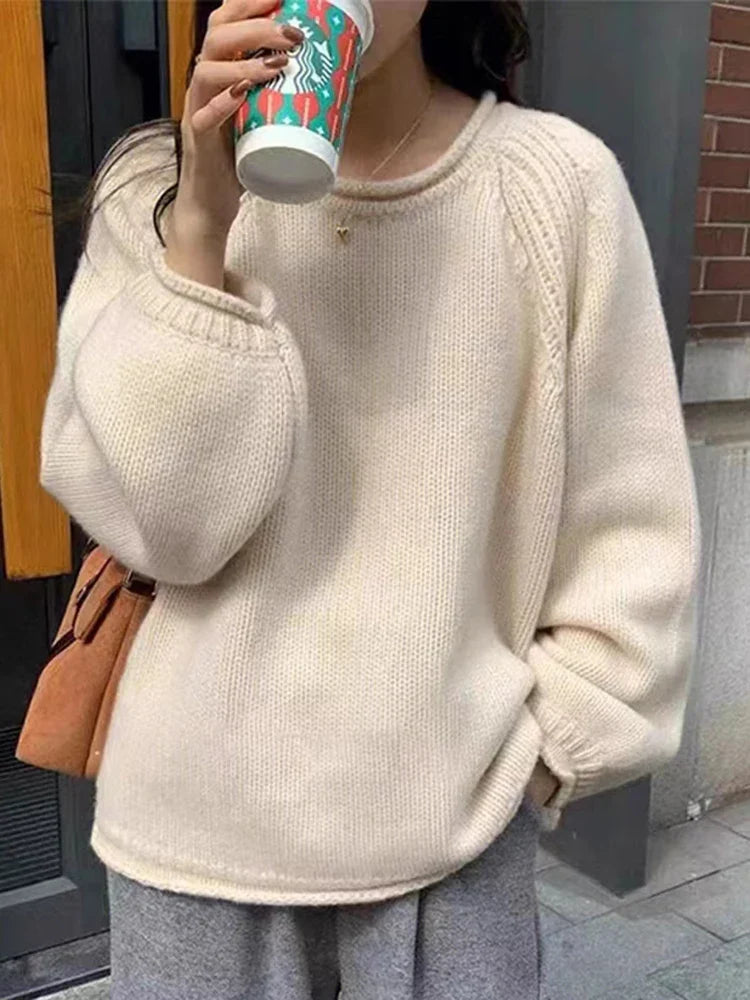 Pull ample à manches raglan et col rond en maille côtelée pour femme