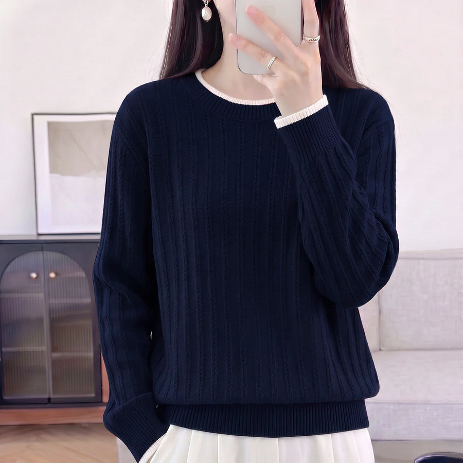 Pull en maille côtelée pour femme, col rond, manches longues, finitions contrastées