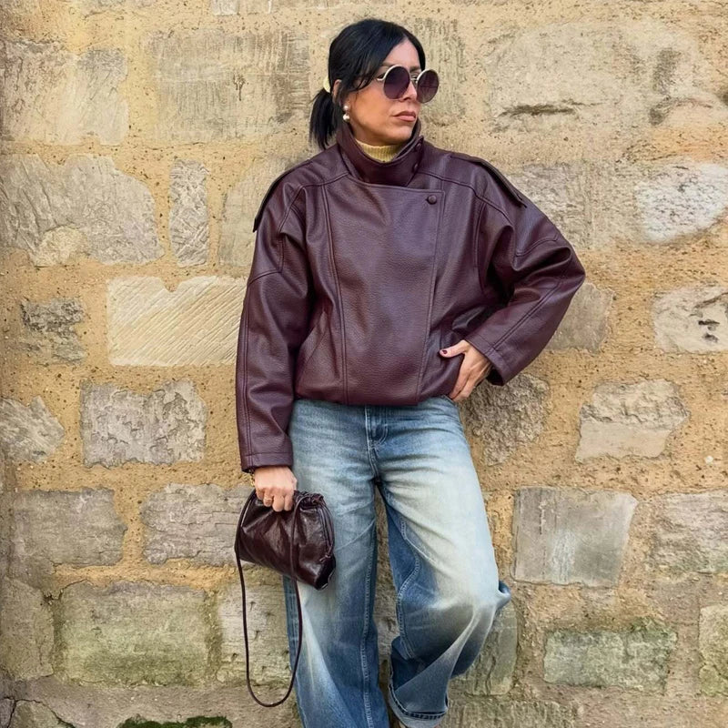 Veste courte style bombardier femme col montant asymétrique