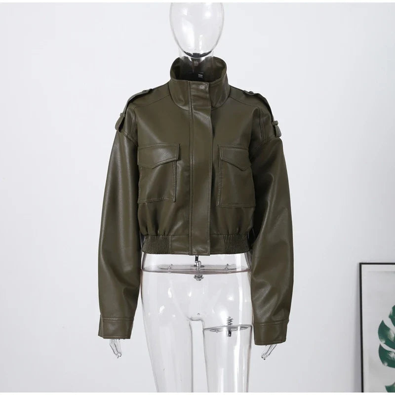 Women's cropped bomber jacket in soft fabric, military green, zip closure
