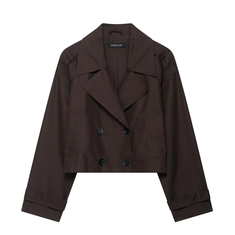 Kort trenchcoat til dame med dobbeltspent lukking og lange ermer, beige eller brun