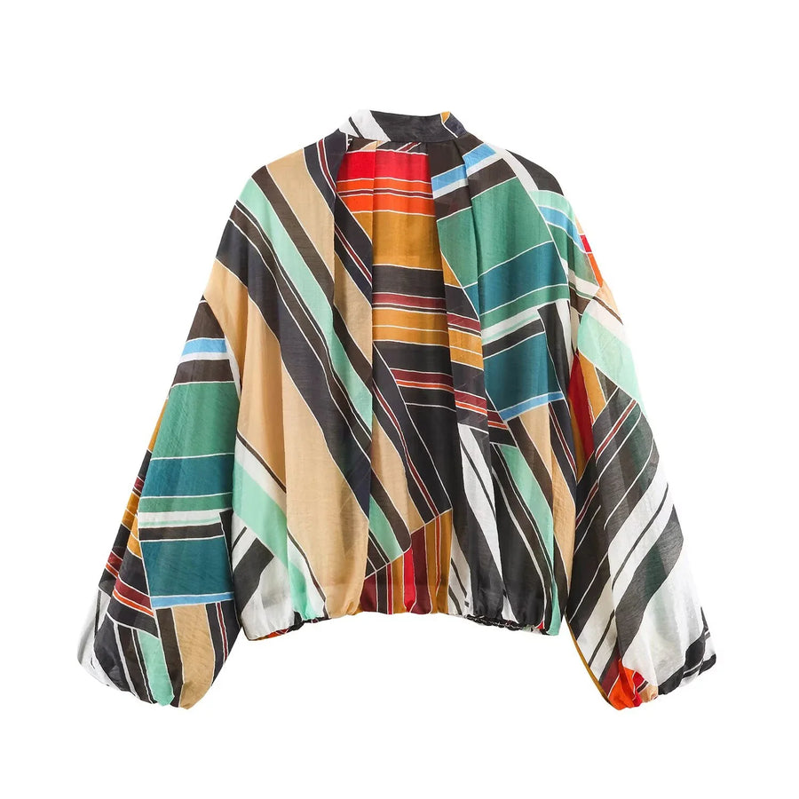 Women's lightweight zip-up jacket with stand collar, puff sleeves, assorted colors