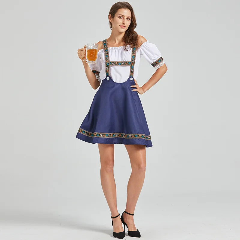 Bayersk dirndl-kjole til kvinder med bare skuldre, nederdel med stropper, broderi, hvid og marineblå