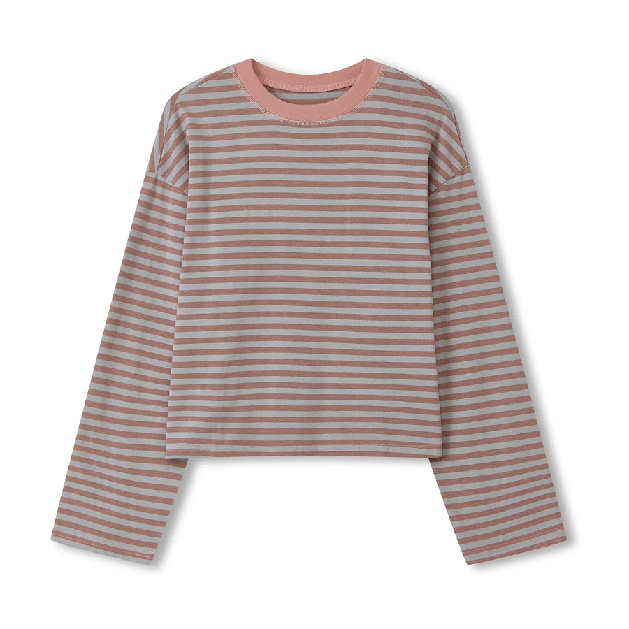Gestreept dames-T-shirt met lange mouwen, kort en losvallend