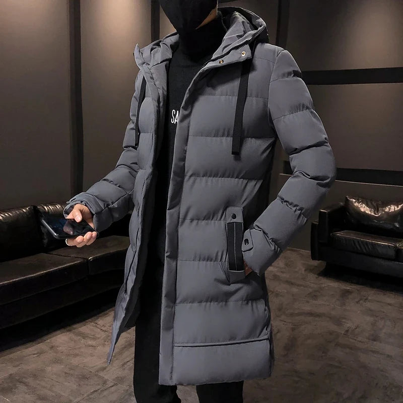 Manteau matelassé long pour homme à capuche – Épais, Chaud, Gris