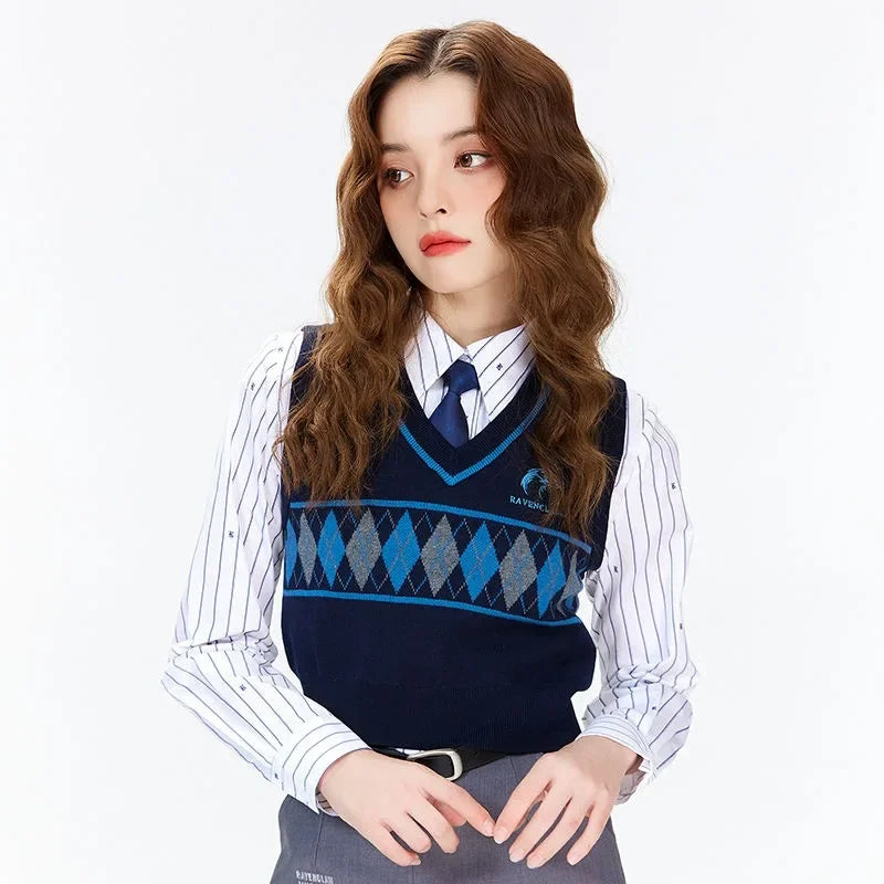 Gilet sans manches tricoté col V à motif losanges style preppy pour femme