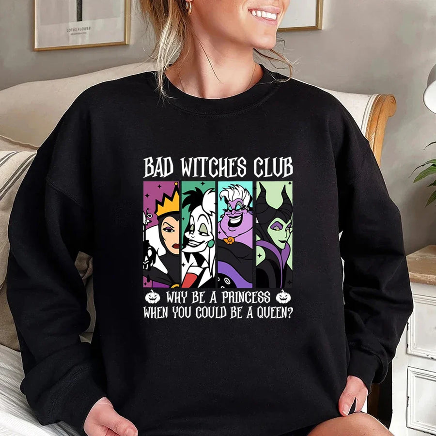 Damska bluza z okrągłym dekoltem i nadrukiem „Bad Witches Club”, z długimi rękawami, casualowa