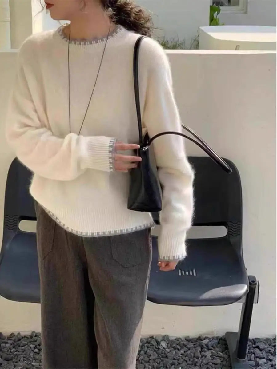 Jersey acogedor de cuello redondo y manga larga para mujer, gris claro